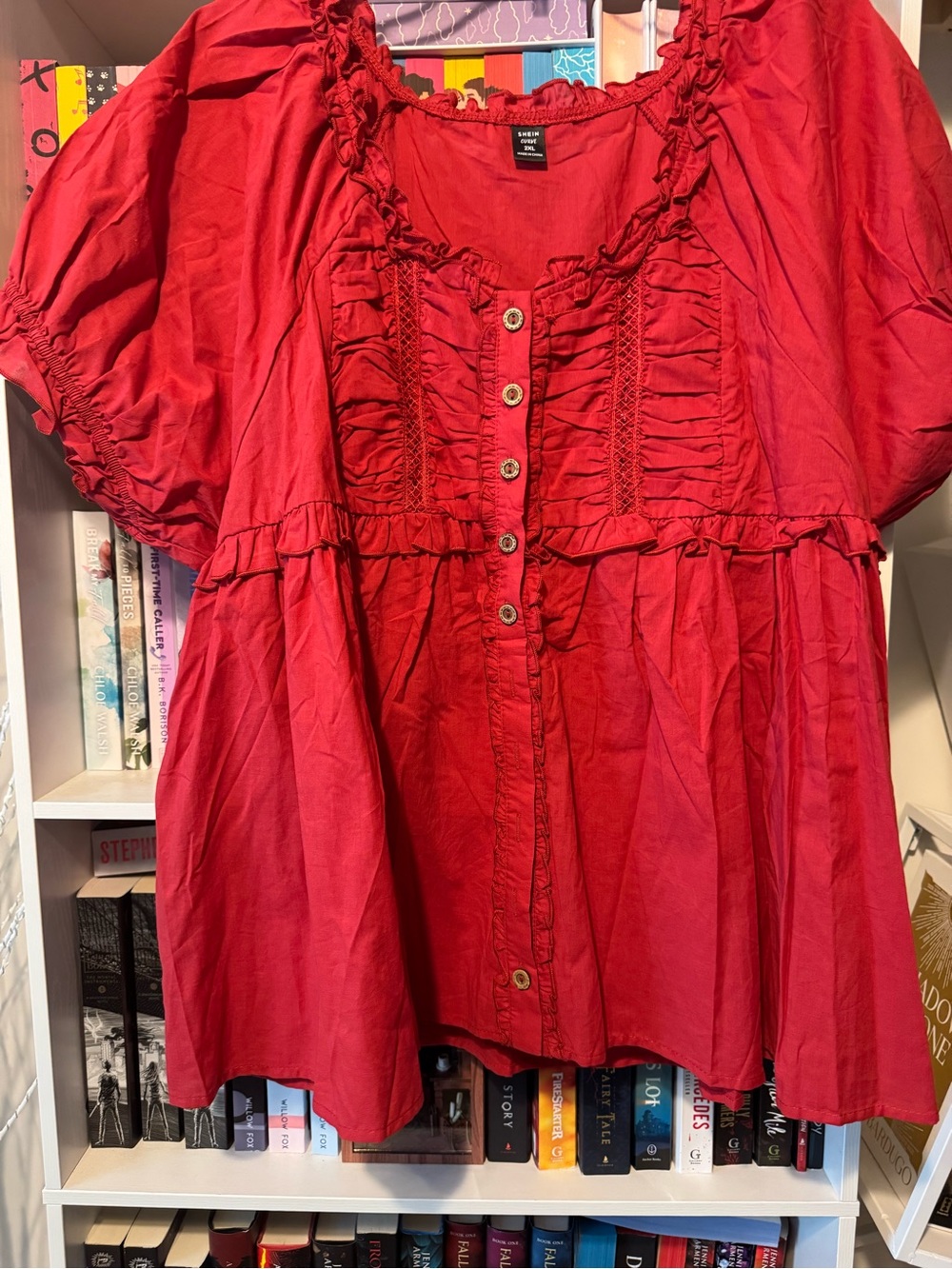 Red Ruffle Button-Front Peasant Blouse - Picture 4 of 12